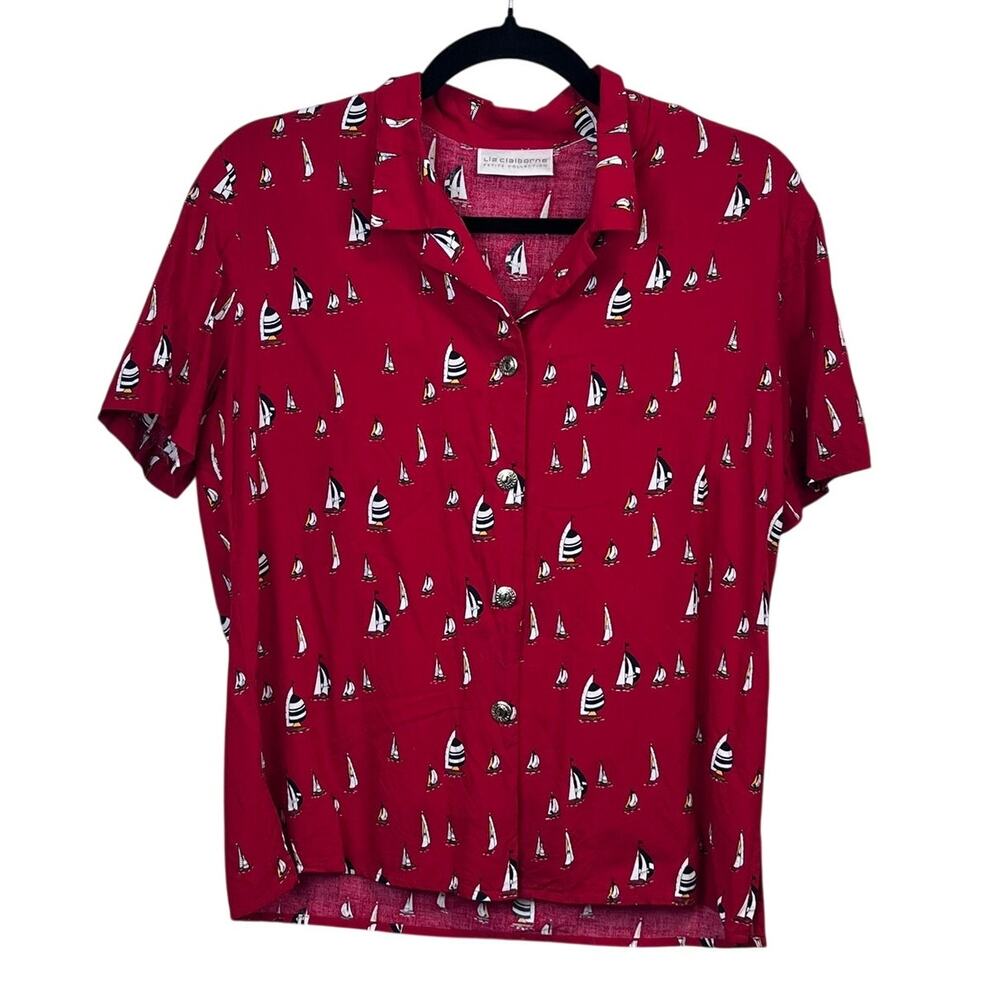 Vintage 90s Liz Claiborne Petite Red Sailboats Nautical Rayon Top Medium